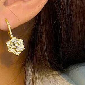 Gold Rose Flower Petal Cubic Zircon Wedding Anniversary Dangle Earrings